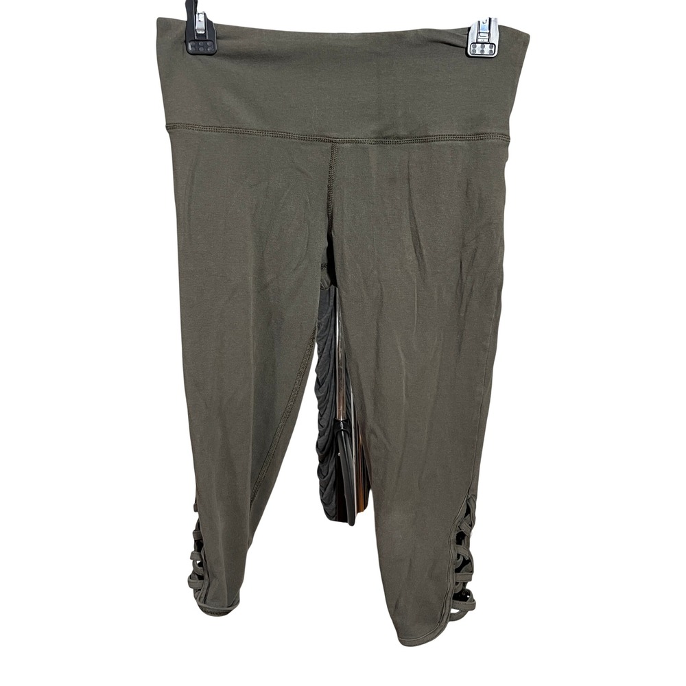 Forever 21 Leggings Women Medium Olive Green Lattice Strappy Hem Capri